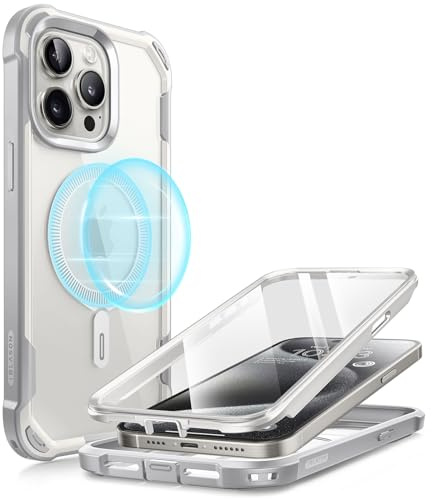 i-Blason Ares Mag for iPhone 15 Pro Case, [Compatible with MagSafe] Dual Layer Rugged Clear Bumper Case with Built-in Screen Protector (White)