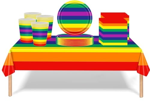 43Pcs Rainbow Pride Party Tableware - Rainbow Tablecovers, Plates, Cups, Napkins for Kids, LGBT, Birthday, Cocktail Parties