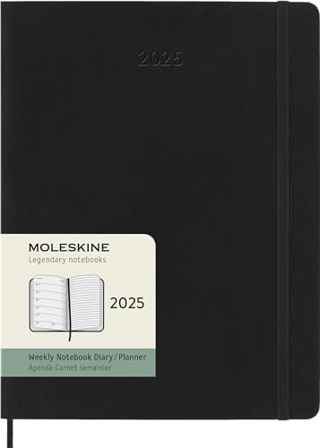 Moleskine Weekly Planner, WochenPlaner mit Platz für Notizen für 12 Monate 2025, Weicher Einband und Elastischer Verschluss, Farbe Schwarz, Extra Großes Format 19x25 cm