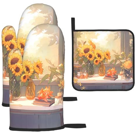 Ofenhandschuhe und Topflappen, Sonnenblumen unter der Fensterbank, Grillhandschuhe und Halter zum Kochen, Backen (3-teiliges Set)