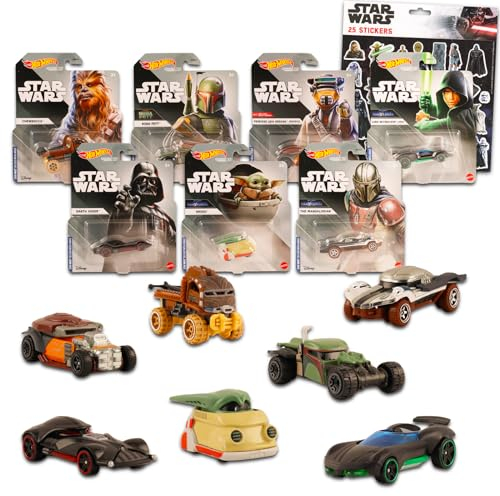 Disney Character Cars Hot Wheels Set – 7-teiliges Partyzubehör-Set mit Star Wars Hot Wheels Charakter-Autos und Aufklebern, Star-Wars-Partygeschenke