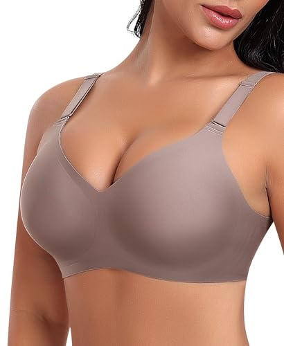 Ganado Damen BH Tiefem V-Ausschnitt Nahtloser BH Soft Bequem BH Bügellos Bustier (Hellbraun, XL)