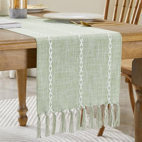 Wracra Bauernhaus Wüstensalbei Tischläufer Vintage Baumwoll Leinen Tischläufer Rustikale 230cm mit Handquasten für Partys, Esszimmer-Dekorationen, Dessert-Tischdekoration(Wüstensalbei, 230cm)