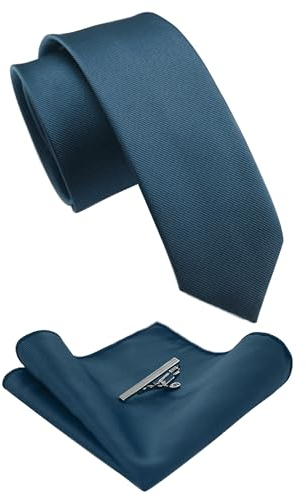 JEMYGINS Schmale Herren Krawatte und Einstecktuch krawattenklammer Krawatte Set 6cm Stahlblau
