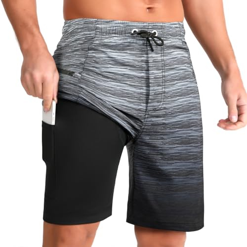 iCKER Men's Swimming Shorts with Compression Liner 2 in 1 Swimming Trunks Quick Dry 9 inch Inseam Board Shorts with Zipper Pockets,Grey STK339,XL
