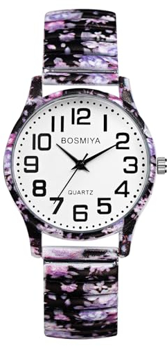 JewelryWe Damenuhr Boho Elastische Uhr: Bohemian-Stil Violett Blumen Floral Druck Analog Quarz Armbanduhr Damen Edelstahl Stretch-Armband Lässige Uhr mit Bedruckt Zugarmband und großen Zahlen