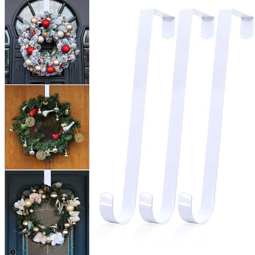 newhsy 12 Wreath Hanger for Front Door 3Pcs, Door Wreath Hook Hanger for Christmas Decorations, Over The Door Hanger Hook for Hanging Wreath Clothes Hats Bags Garland Decor Accessories (White*3)