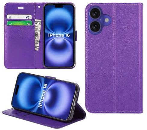 DN-Technology for iPhone 16 Case Flip Leather Wallet Book Stand Folio Card Holder Phone Cover iPhone 16 6.1'' (PURPLE)