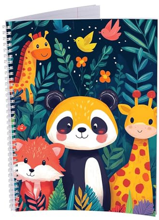 druck.de Collegeblock – 5 Stück – DIN A4 – 80 Blatt – 80g Volumenpapier – gelocht – Spiralbindung weiß – Korrekturrand – perforiert – Spiral Notizblock (Tiere bei Nacht, Liniert)