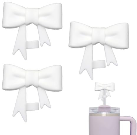 3Pcs Straw Covers Cap Compatible with Stanley Cup, 10mm Silicone Straw Toppers, Reusable White Bow Straws Cover Tips for Stanley 40/30 Oz Tumbler Cups Dust-Proof Straw Accessories