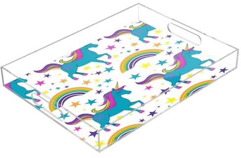 Bandejas acrílicas para servir con diseño de unicornio y arco iris, bandeja rectangular transparente con asas para mesa de café, cocina y baño