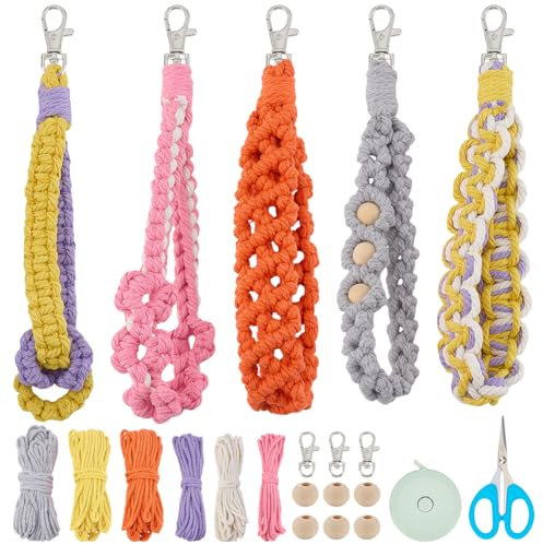 INFUNLY 5 IN 1 DIY Makramee Blumen Armband Schlüsselanhänger Kit Boho Armband Lanyard Set Für Anfänger Buntes Kordelknoten Kit Mit Anleitung Handgefertigtes armband Schlüsselring Set Für Autoschlüssel