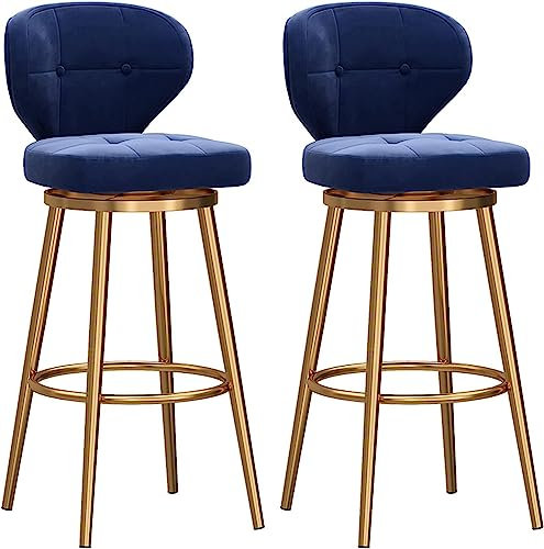 Tabouret de bar pivotant moderne en velours avec pieds dorés et repose-pieds Bleu Hauteur 65 cm