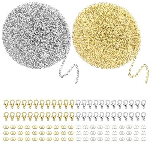 Xmart 2 stück 10m Gliederkette in Gold und Silber Mix Kette Meterware Schmuckherstellungsketten mit 120 Biegeringe und 60 Karabinerverschlüssen für DIY Kettenbasteln und Schmuckherstellung