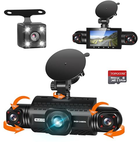 4 Channel Dash Cam 360° View 5G WiFi & APP Control Free 64GB Card, TOPGOOSE 2K FHD Front and Rear Inside, Left Right Dash Camera for Cars, G-Sensor, Loop Recording, 24H Parking Mode