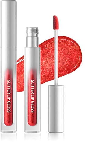 Glitter Lipgloss Rot, Metallic Shimmer Flüssiger Lippenstift für Frauen | Langlebige Wasserfest Non-stick Cup Diamond Glitzer Lip Gloss, Hält 24 Stunden, Hochpigmentiert Sparkly Lippenstifte Makeup