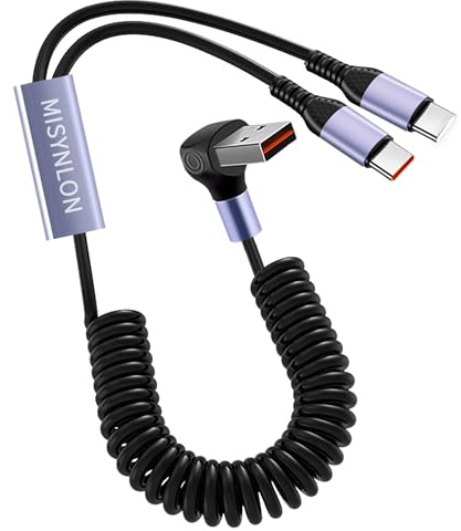MISYNLON 90Degree USB C Splitter Coiled Cable,USB A to Dual USB C Y Cable Multi 2 in 1 Type C Spring Cord Data Sync, for Phone 15/16 S23/S22/S20 Laptop,and Type C Devices-5.9Ft