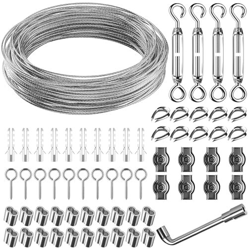 35m Φ3mm Drahtseil mit Seilspanner & Drahtseilklemme, Edelstahl Stahlseil Ummantelt mit Ösen Seilspanngarnitur, Spanndraht für Kletterpflanzen, Gardinenseil, Wäscheleine, String Light Suspension