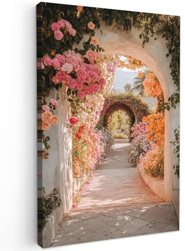 MuchoWow© Leinwandbild 60x90 cm Dekoration Wohnzimmer Bilder Pictures Wall Decoration Living Room Wohnungs Deko Moderne Bild Fensterblick - Blumen - Bogen - Pastell