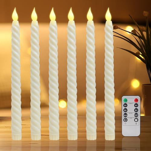 LED Stabkerzen mit Timerfunktion Fernbedienung, 6er Flammenlose Elektrische Kerzen, Batteriebetriebene Kerze Flackernde Flamme für Halloween Weihnachtsdeko, Hochzeit und Party (Beige Flamme)