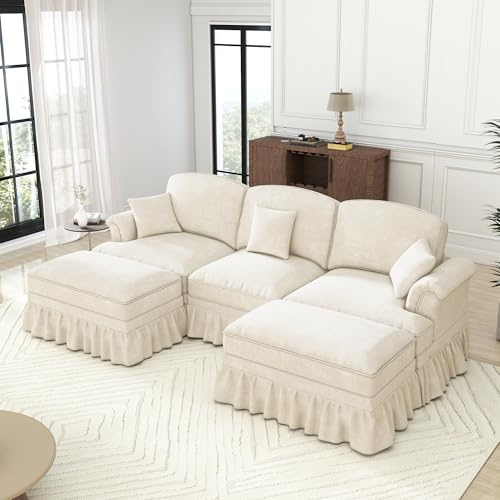Ligterra Wohnlandschaft U Form, Modulares 3 Sitzer Sofa, mit 2 Ottomane, Trichter-Armlehnen, Abnehmbarer Rüschenschürze & Beweglichem Hocker, Chennille-Stoff, 272×140×93cm (Weiß)