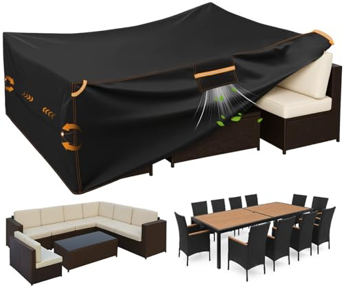 GARPROVM - Fundas impermeables para muebles de patio, 350 x 260 x 90 cm, funda para muebles de exterior, funda para sofá de jardín 420D con ventilación, correas, asas, hebillas, cordón, color negro +