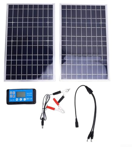Kit de chargeur solaire portable 200 W 12 V - Chargeur solaire étanche IP65 avec cellule polycristalline pour voiture, camping-car, camping-car, tracteur, moto (double)