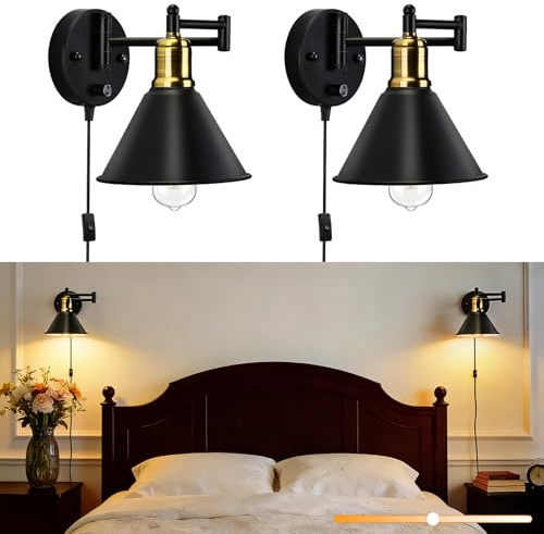 Lampop 2PCS Plug in Wall Lights with Switch Dimmable, Adjustable Arm, Black | 180°/270° Rotatable Swing Arm, E27 Vintage Plug In Wall Lamp for Bedroom, Living Room, Bulb not Included