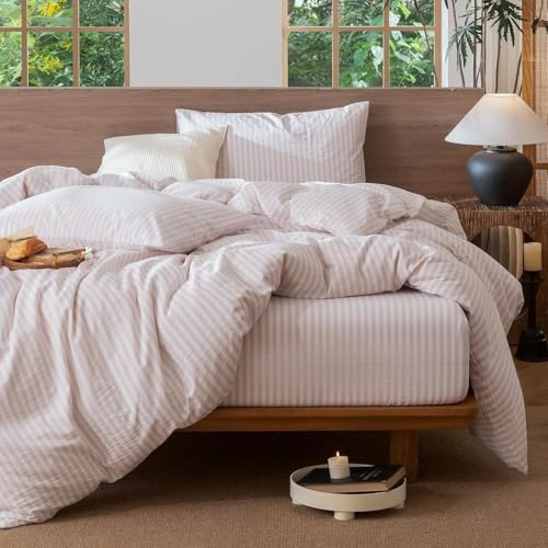 Lanqinglv Rayée Housse de Couette 220x240 Rose Parure de lit Motif Rayures Adulte 2 Personnes en Microfibre Classique Housses de Couettes avec Fermeture Éclair et 2 Taies d'oreiller 65x65cm
