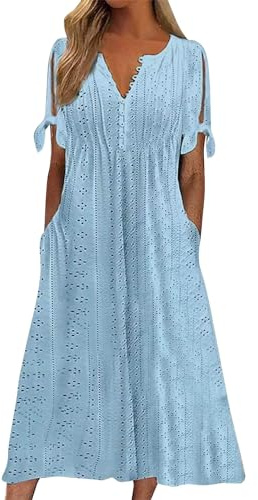 Yinguo Summer Dresses for Women UK 2026 Causal V-Neck Button Short Sleeve Vacation Floral Dress with Pockets Ladies Maxi Printing Dress Party Club Elegant Beach Dresses