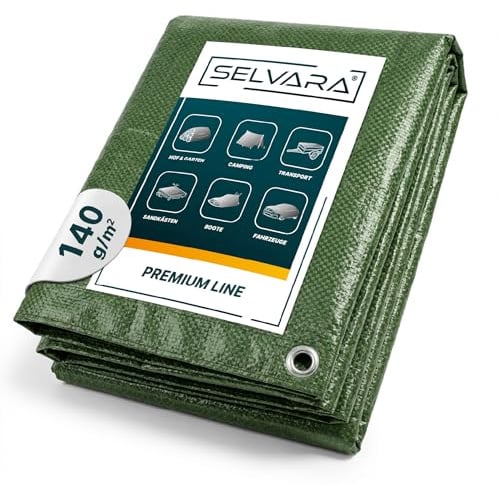 Selvara Abdeckplane 140g/m², Premium Line, Wasserdicht 8m x12m, Grün | Gewebeplane, Schutzplane für Gartenmöbel, Holz, Pool, Auto, reißfeste Planen, UV-stabilisiert, vielen Größen, 60 - 260g/m²