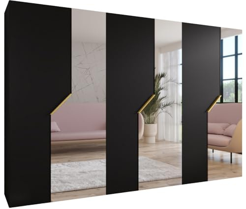 MEBLE KRYSPOL - Kleiderschrank - Garderobenschrank - 300 cm x 202 x 52 cm - Schrank mit Kleiderstange und Spiegel, 6 Türen - für Schlafzimmer, Flur - Andrew, Schwarz, Griff Gold