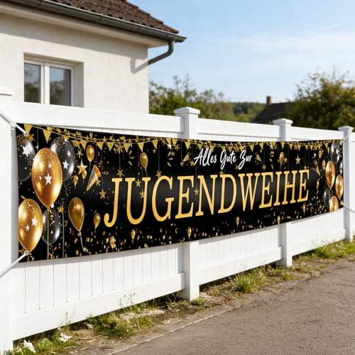Jugendweihe Deko Banner Junge Mädchen - Alles Gute zur Jugendweihe | Jugendweihe Deko Hintergrund Schwarz Gold 270 x 40CM, Hängende Dekoration Banner für Endlich Erwachsen Partyfeiern