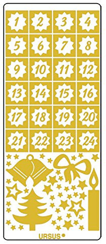 Ursus 593000125 - Kreativ Sticker Adventskalender, Weihnachtsmotiv gold, 5 Stickerbögen mit Zahlen von 1 bis 24, selbstklebend, leicht abziehbar, zum Nummerieren von selbstgemachten Adventskalendern