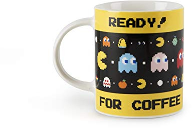 Excelsa Pac Man Mug, Porzellan, Weiß mit dekorativen Verzierungen Ready for Coffee