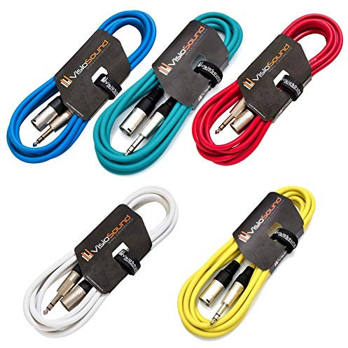 VisioSound 5 x Male XLR to 6.35mm Stereo TRS Jack Lead/Balanced Signal/Audio Patch Cable (Multi-Coloured, 3m, Pack of 5)