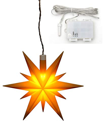 Weihnachtsstern aus Kunststoff in gelb, für Innen und Außen geeignet, inkl. LED Beleuchtung und 6h Timer, für Batteriebetrieb. Maße L/B/H: 13,5 x 5,5 x 12 cm.