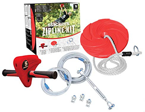 Slackers USA Seilrutsche Eagle 30m lang, Zipline, Flying Fox mit soliden Handschlitten aus Metall und Kunststoffgehäuse, robustes Stahlseil Ø5mm, inkl. Tellerschaukel, 980005