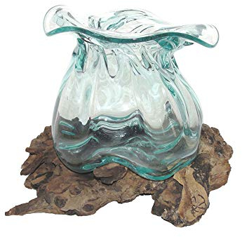 Glasvase Blumen-Vase Blume, ges. Höhe ca. 25 cm auf Wurzelholz Treib-Holz Dekovase spezielle Glas-Vase Geschenk-Idee