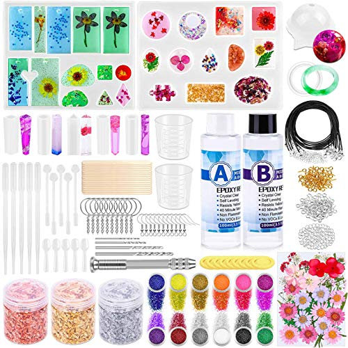 219-teiliges Harz-Set für Anfänger, Thrilez Harzform-Set mit Harzformen, Silikon und Epoxidharz, enthält getrocknete Blumen, Folienflocken, Halskettenschnur, Ohrringhaken für DIY-Schmuckherstellung