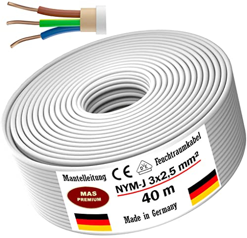 Cavo di alimentazione per ambienti umidi da 5, 10, 15, 20, 25, 30, 35, 40, 50, 75, 80 o 100 m, cavo elettrico ad anello NYM-J 3 x 2,5 mm² per posa fissa