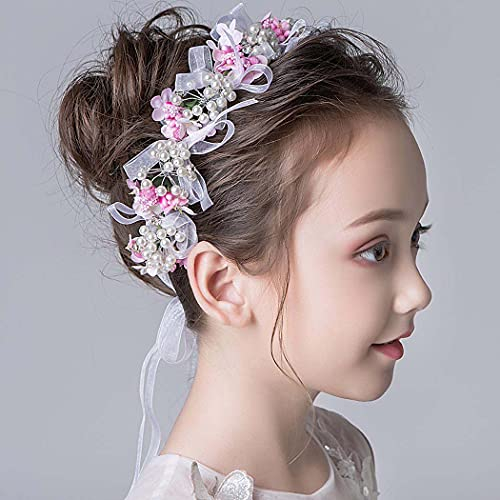 IYOU Prinzessin Perle Kopfschmuck Rosa Blume Stirnband Kristall Braut Hochzeit Haarschmuck Heilige Kommunion Haar Tiaras für Blumenmädchen