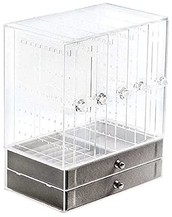 MEETOZ Acrylic Jewelry Box with 2 Drawers, 5 Clear Hanging Earring Holders, Velvet Jewelry Organizer, Clear Jewelry Display Storage Case for Woman, for Ring Bracelet Earring& Necklace.