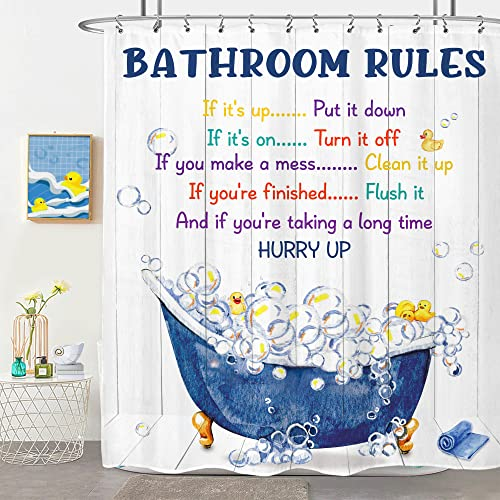 LIGHTINHOME Bathroom Rules Kinder-Duschvorhang, 152x183 cm, Mädchen und Jungen, lustige Motivationszitate, Holzbrett, Ente, Bubble in Badewanne, Stoff, Heimdekoration, Set mit 12 Kunststoffhaken