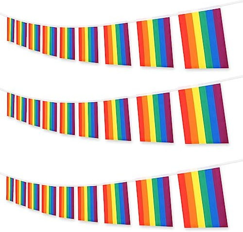 Banderines de orgullo arcoíris de 10 metros con 38 banderas de banderín, bandera rectangular del orgullo gay LGBT, bares, decoración de jardín