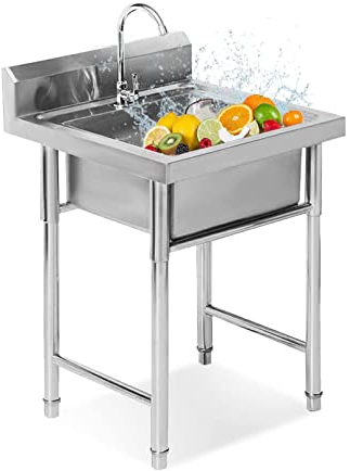 lirrebol Freistehend Spültisch, Outdoor Garage Garten Küche Camping Keller Spülschrank Komplettspüle, Spülbecken Edelstahl Mit Wasserhahn, Abtropffläche Und Handwaschbecken