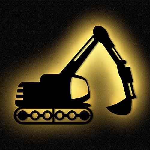 Nachtlicht Bagger Raupenbagger I Wandlampe Schlummerlicht Kinderzimmer Schild Kinder Mädchen Junge I MDF Holz Batteriebetrieb