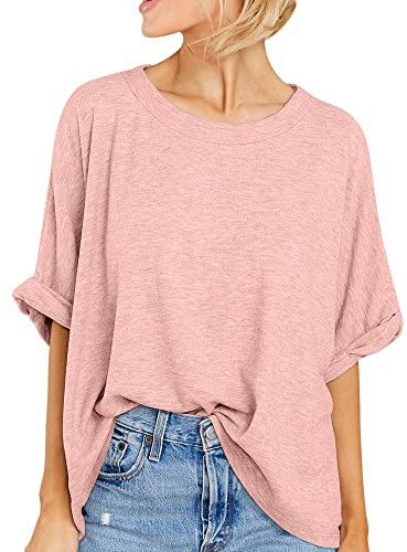 GeGekoko Damen T-Shirt Sommer Kurzarm Rundhals Oberteil Locker Frauen Casual Lose Tops Elegant Bluse,Rosa,XL