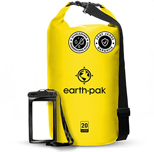 Earth Pak Dry Bag – Wasserdichter Packsack mit Schultergurt und wasserfester Handyhülle – Ideale Rolltop Tasche beim Kajak Fahren, Wandern, Camping, Angeln, Bootfahren und Rafting (Gelb, 5L)