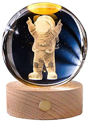 Astronaut Kristallkugel Nachtlicht, USB Touch Nachtlampe 3D Ball Lampe mit Holzsockel Weißes Licht Raum Mond Erde Astronaut 8cm Sonnensystem Galaxy Kristallkugel Nachttischlampe Geschenke für Kinder